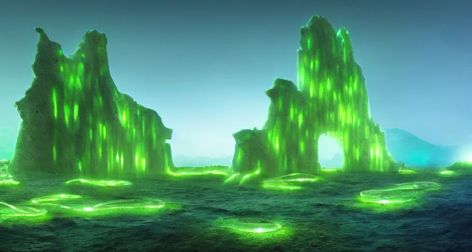 Image similar to luminous algae vines cover the ruins of an alien monolithic monument to the true prophet on the bottom of the ocean, vivid colors, matte painting, 8K, concept art, mystical color scheme, trending on artstation