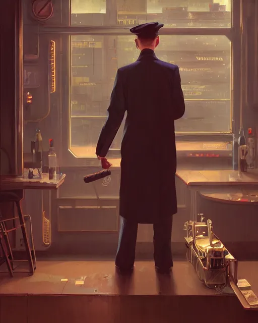 Image similar to young Frank Sinatra as a poor 1950s bartender, dystopia, 1980s Soviet Russia, steampunk, cyberpunk Stephen Bliss, unreal engine, fantasy art by Greg Rutkowski, Loish, Rhads, Makoto Shinkai and Lois van baarle, ilya kuvshinov, rossdraws global illumination, radiant light, detailed and intricate environment