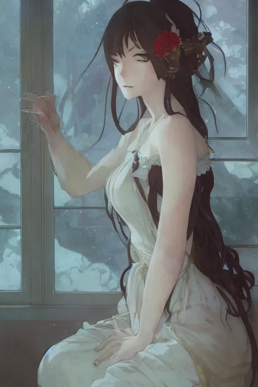 Image similar to a girl in a maid's outfit in the bedroom a night, raining outside the window, wavy white long hair, by krenz cushart and mucha and akihito yoshida and greg rutkowski and makoto shinkai and rella, detailed eyes, 4 k resolution