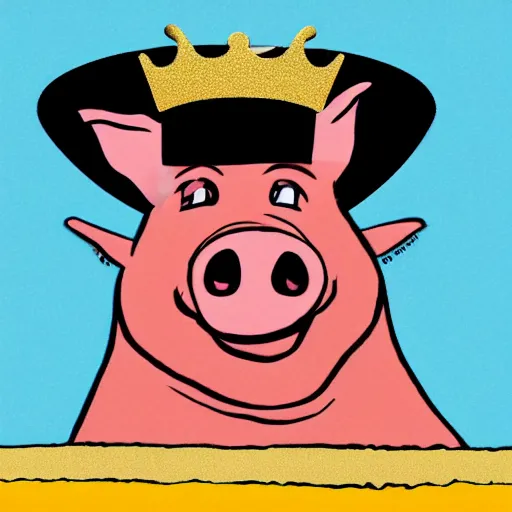 Prompt: a pig wearing a gold crown in the style of Chuck Jones