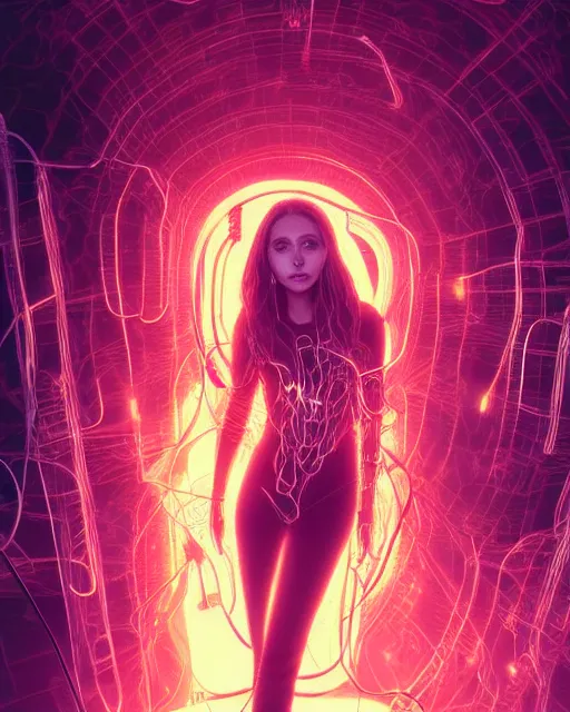 Image similar to [ elizabeth olsen ]! [ 3 d render, made of wires and metallic material ]!! sitting in a [ cyberpunk club ]!!, [ 4 k digital art ]!!, neon atmosphere, volumetric lighting, bioluminescent coloring, afrofuturism, illustrated by greg rutkowski and rajmund kanelba, cgsociety contest winner, intricate