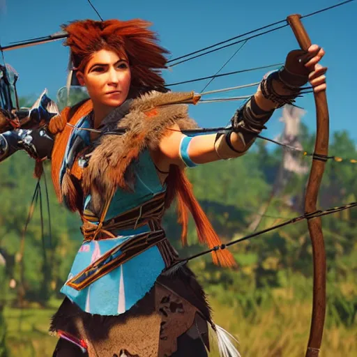 Prompt: woman archer in the style of horizon zero dawn