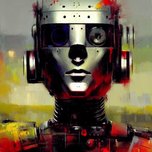 Image similar to a portrait of a robot with high tech armor, high detailed greg rutkowski painting, by adrian ghenie and gerhard richter. art by james gurney. masterpiece, deep colours.