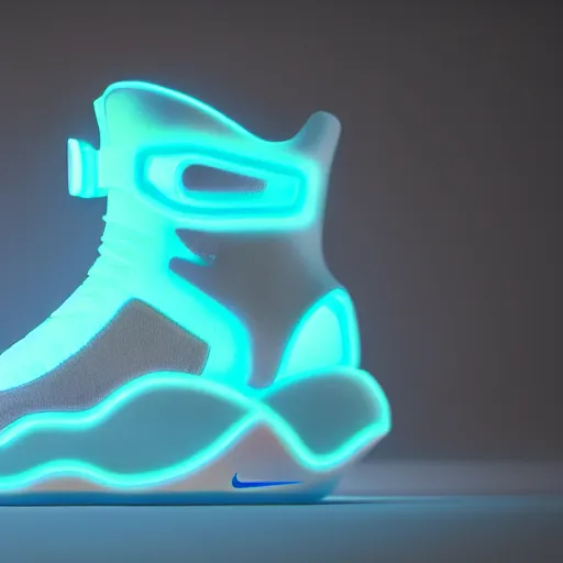 Image similar to nike mags, glow, neon, centered, designed by sawoozer, ultra detailed, artstation, akitipe studios, octane render 8 k, vray render 4 k, realistic