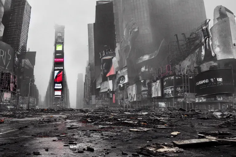 Prompt: photo of an destroyed times square after a nuclear attack, thunderstorm, desolate, 8 k, uhd, artstation, award winning