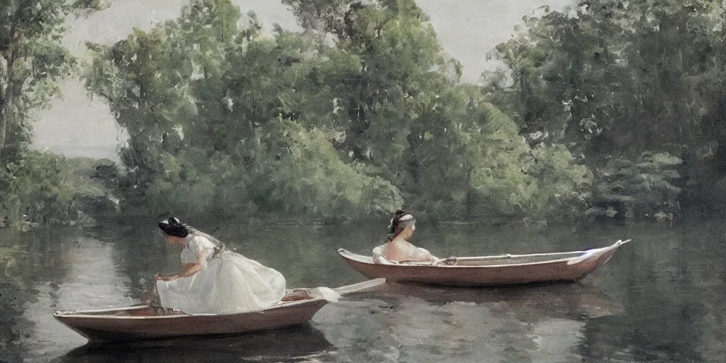 Image similar to a woman wearing a white dress in a row boat on a calm lake with a forest in the background, in the style of anders zorn