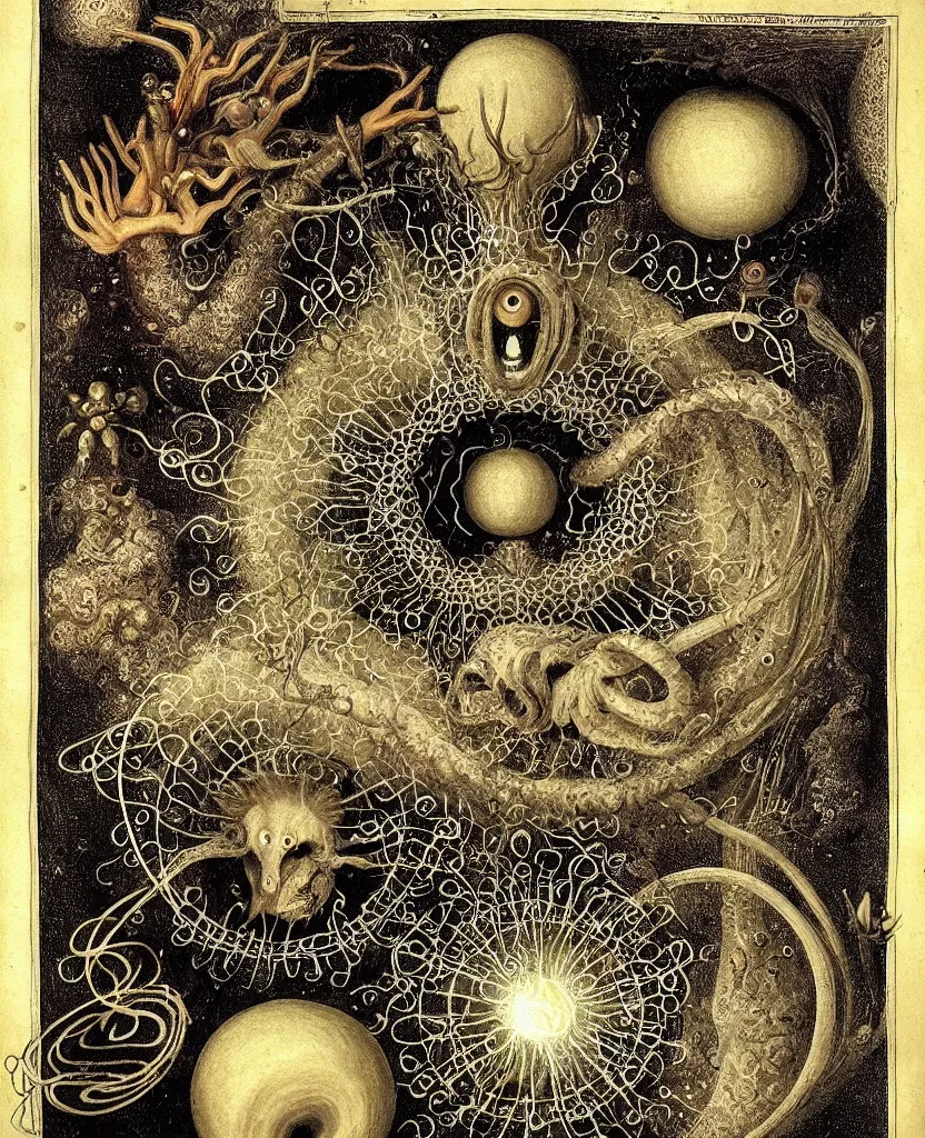 Image similar to whimsical freaky creature sings a unique canto about'as above so below'being ignited by the spirit of haeckel and robert fludd, breakthrough is iminent, glory be to the magic within, in honor of jupiter, painted by ronny khalil