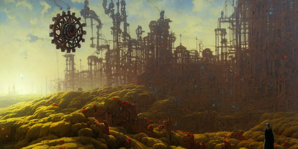 Image similar to giant interlocked gears cogs floating in the sky no people clockwork, giant mechanisms, industry, villages castles, buildings vista artstation illustration sharp focus sunlit vista painted by ruan jia raymond swanland lawrence alma tadema zdzislaw beksinski tom lovell alex malveda greg staples