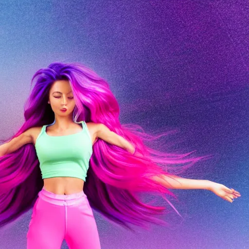 Image similar to a award winning full body shot of a beautiful woman in a croptop with a ombre purple pink teal hairstyle with head in motion and hair flying, outrun, vaporware, vivid colors, highly detailed, fine detail, intricate