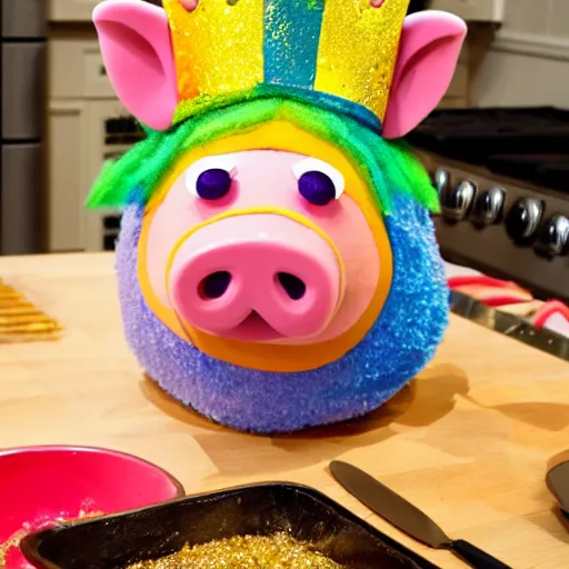 Image similar to rainbow pig wearing a gold crown as a Muppet cooking dinner 8k