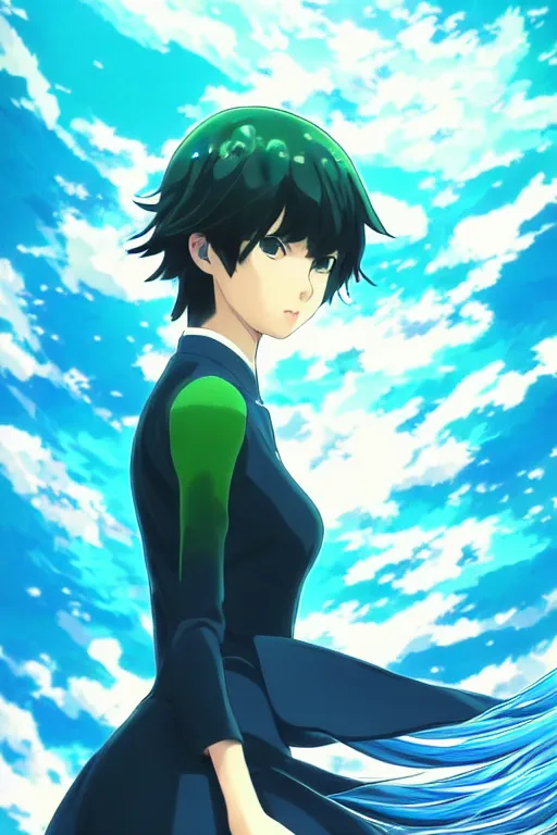 Image similar to makoto shinkai, artgerm, ilya kuvshinov, beautiful anime women with green dress, long blue hair, water powers water swirling, symmetrical face, symmetrical eyes, detailed, beach setting, cinematic lighting