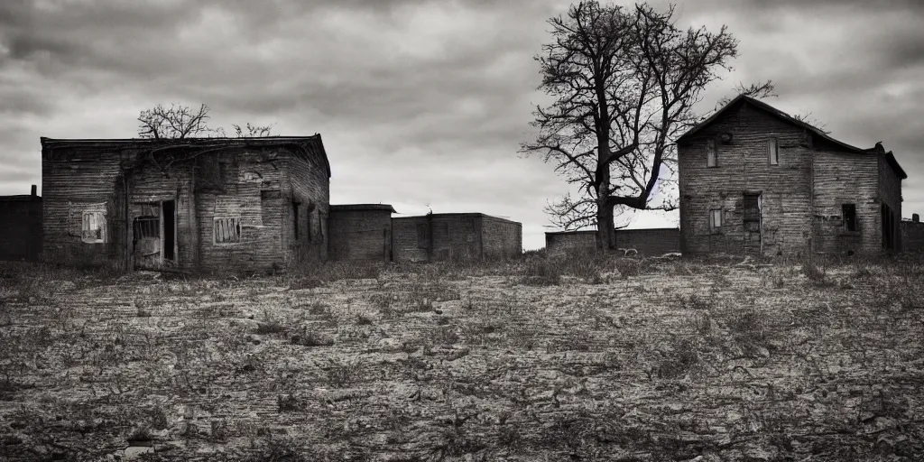 Image similar to a lonely building wandering through a desolate landscape