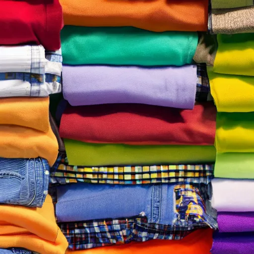 Prompt: a pile of complementary colored shirts
