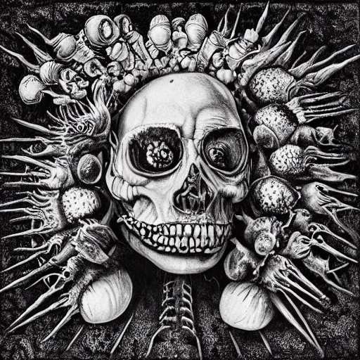 Image similar to punk metal album cover, black and white, psychedelic, giuseppe arcimboldo