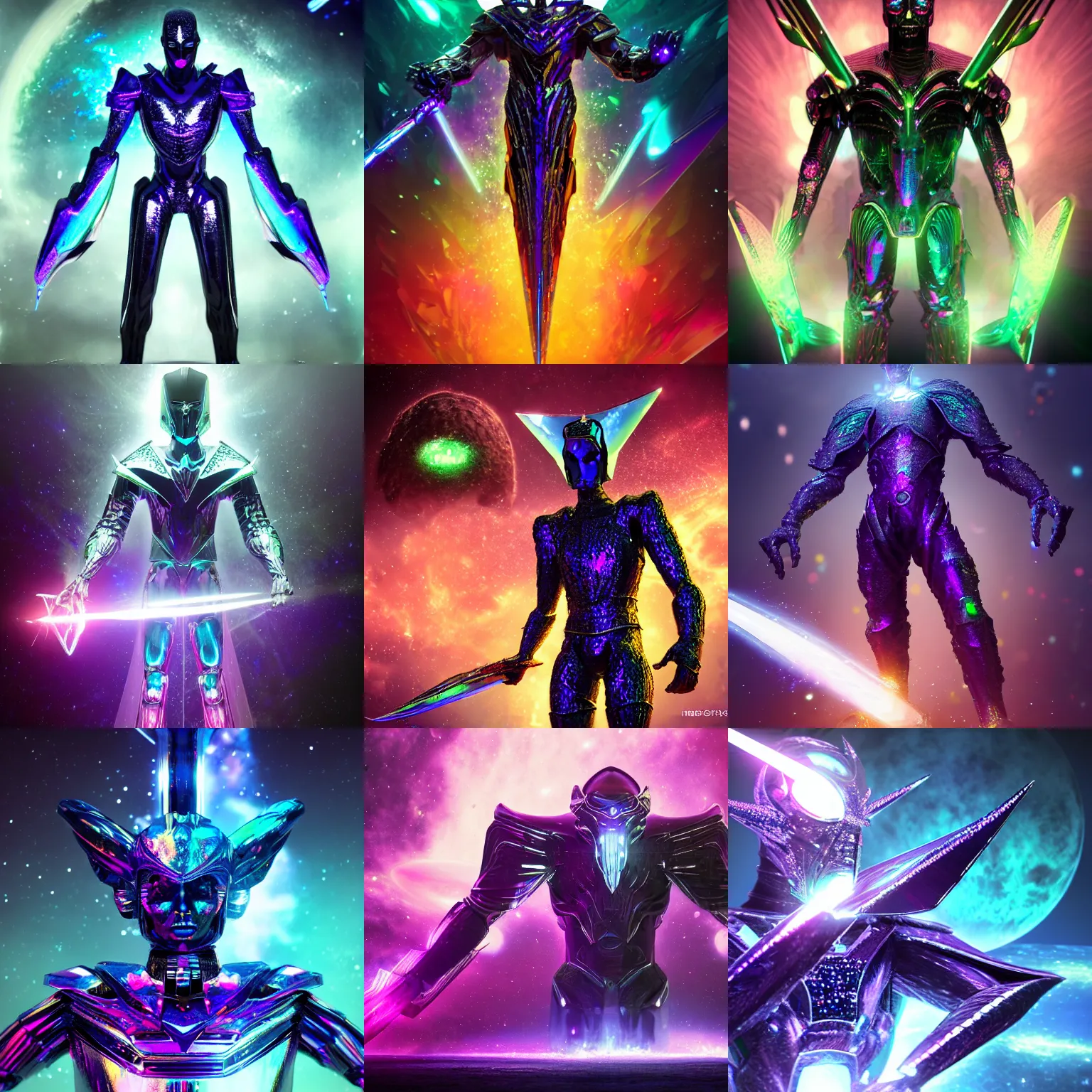Prompt: Powerful humanoid entity with iridescent crystal armor and a planet destroying weapon, supervillain overlord (iridescent, beautiful, technological, galactic, hyper-detailed, realistic, cinematic, octane render, concept art, dark, cosmic, ominous, dramatic, lovecraftian, symmetric, swords, colorful and dark)