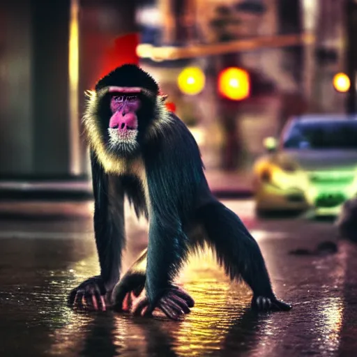 Image similar to a high quality low wide angle photo of a Mandrill monkey on the streets of a cyberpunk city, rainy, reflective ground, neon lights, realism, 8k