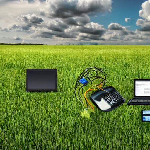 Prompt: grassy field with scattered computers, wires, and relics