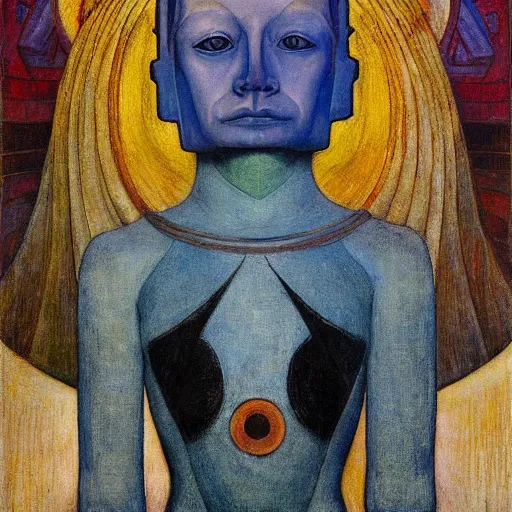 Image similar to the robot queen with her bird mask, by annie swynnerton and diego rivera and elihu vedder and jean delville, symbolist, dramatic lighting, elaborate geometric ornament, head and shoulders view, art brut, soft cool colors, smooth, sharp focus, extremely detailed, adolf wolfli, leo and diane dillon, nicholas roerich