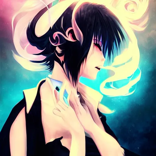 Prompt: anime lady smoking a cigarette, white smoke, art by Ross Tran