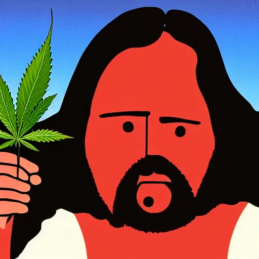 Prompt: jesus holding a bag of weed, happy, red eyes