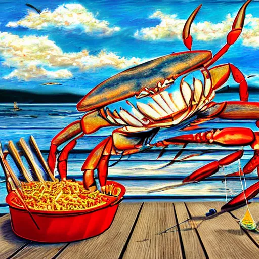 Image similar to realistic crab boil on wooden deck, digital art, fishing boats in background, blue sky