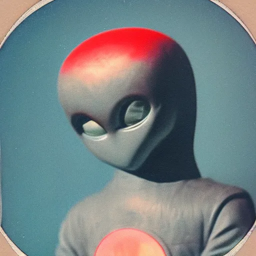 Prompt: vintage polaroid of a roswell grey alien sighting, warm azure tones, red color bleed, film grain