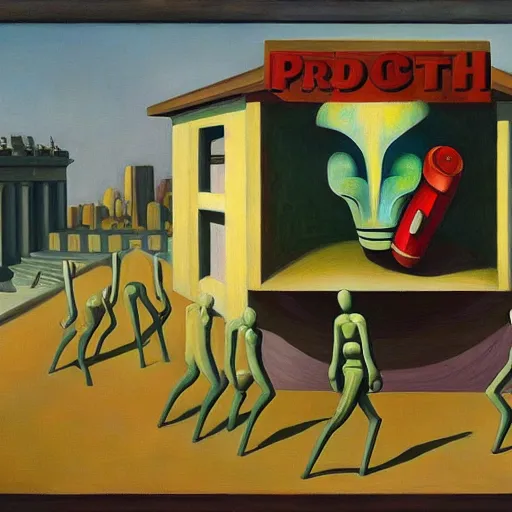 Image similar to prostrate robots, behemoth alien shaman god, grant wood, pj crook, edward hopper, oil on canvas