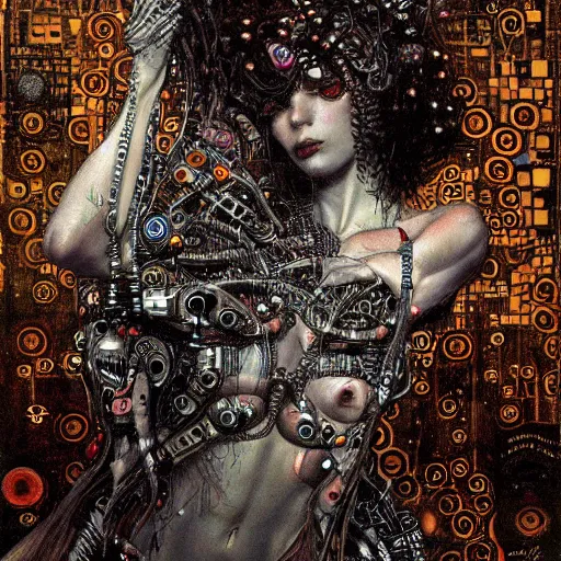 Image similar to depraved cybernetic demon, circuitry, intricate detail, klimt, royo,