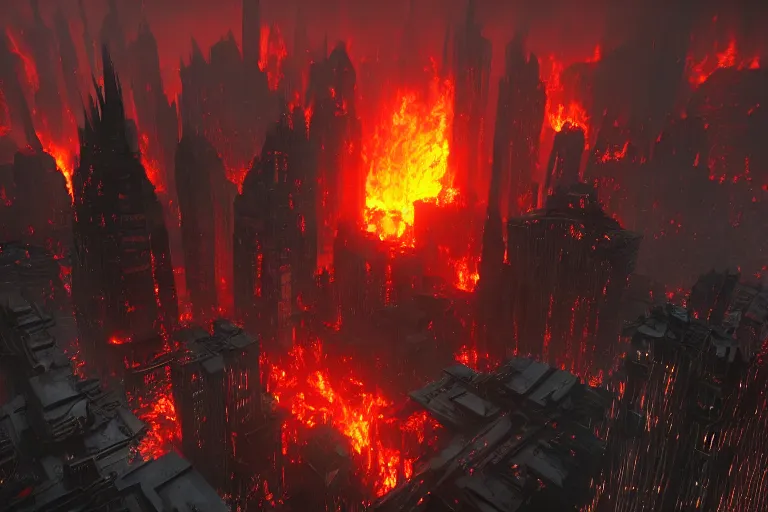 Image similar to big evil city inferno, dark fantasy, shadows, artstation trending, unreal engine 5, red