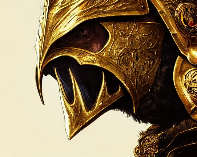 Image similar to hyper - realistic side view painting of the king of the desert, angry, gold armor, sword, dramatic lighting, intricate, wild, highly detailed, digital painting, artstation, concept art, smooth, sharp focus, illustration