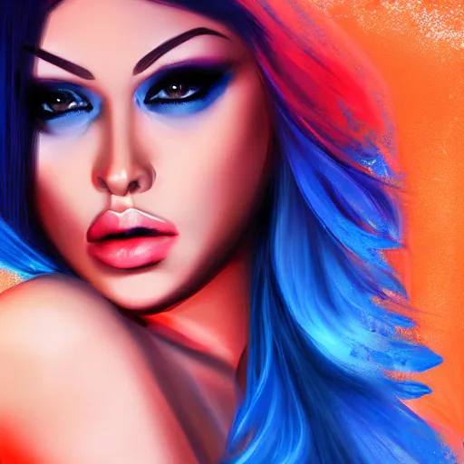 Image similar to portait of haifa wehbe, perfect lips, long hair blue yellow centred, hd, digital painting, unreal engine, final fantasy style, amazing red orange background theme