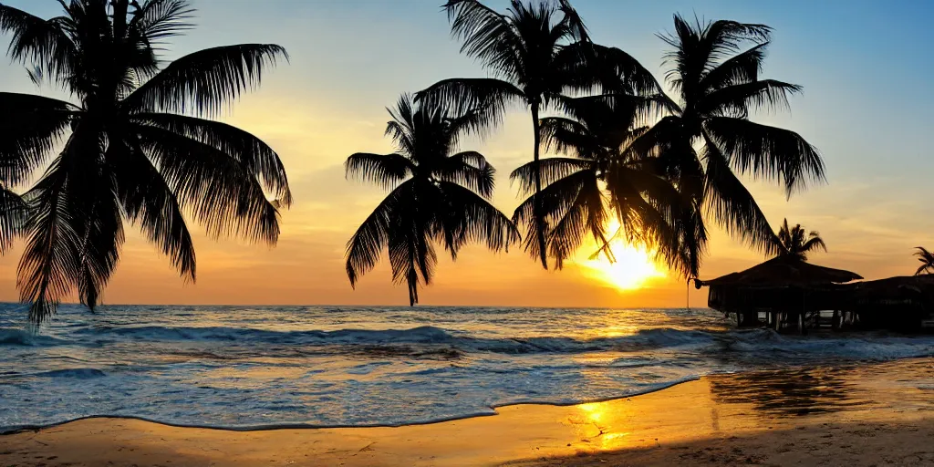 Image similar to highly detailed photograph of a palm covered office on a beach with waves crashing behind it at sunset