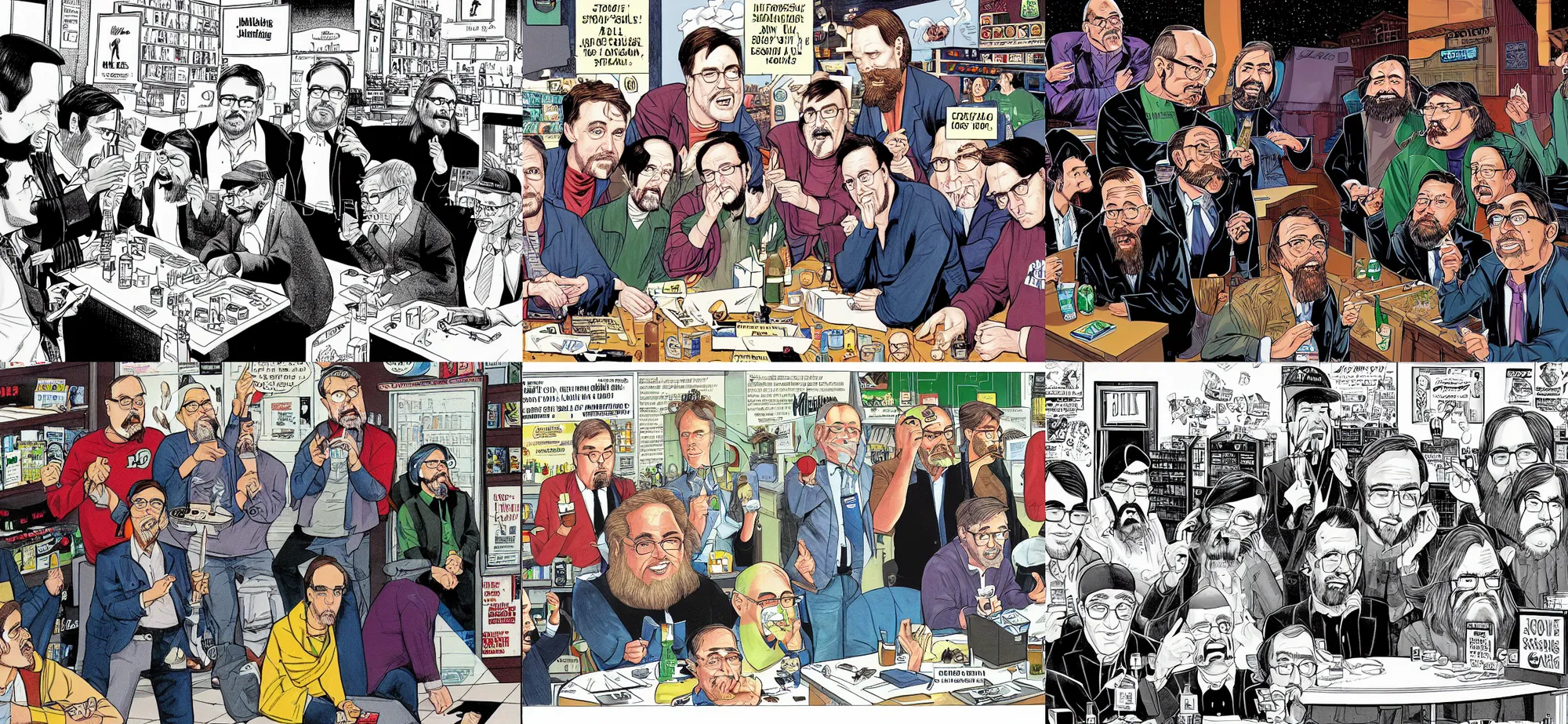 Prompt: A beautiful, stunning, extremely detailed comic book illustration by John Higgins showing Elon Musk, Bill Gates, Steve Wozniak, Steve Jobs and Jay and Silent Bob smoking a cross-shaped joint behind a liquor store, smoke in the air, Steve Jobs coughing