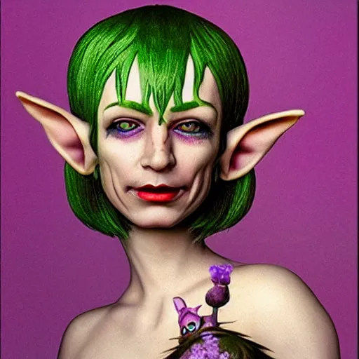 Image similar to a frightening, beautiful elf with violet skin, a scarred face, a bob haircut, and bushy eyebrows, smirking, in the style of jason edmiston
