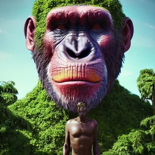 Image similar to cinema 4D colorful render, utopian jungle in space , planet of the apes, old decaying statue of ape from a far distance , a detailed zoned in human anatomy veins, nature, heavy green, dramatic lens flares, apes hanging from vines, a evil dark sun , depth field, unreal engine, sharp, incredible detail, professional composition, quality digital art, 4k, 4k concept art and hyper realism