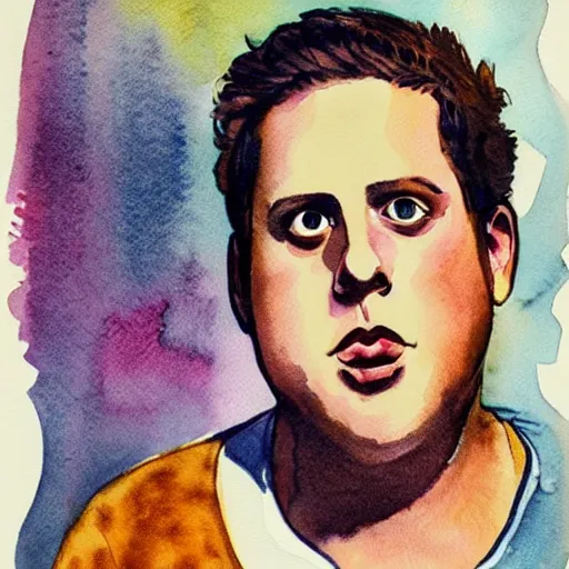 Image similar to jonah hill, stylized. Watercolor and ink. 1970s.