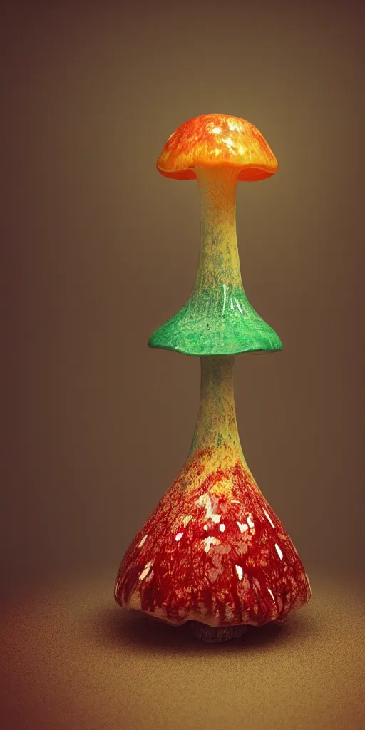 Prompt: a large vintage glass bottle with beautiful psychedelic amanita muscaria mushroom inside, 3D Render, Octane, 4k, unreal engine,