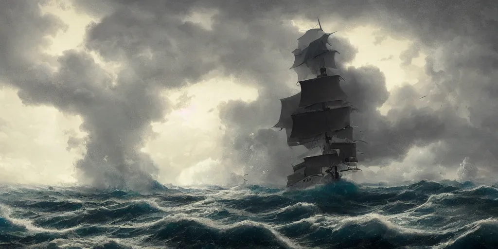 Image similar to A chinese sailing boat struggles through stormy seas, an intense storm blacks out the sky, lit by lightning, Greg Rutkowski and Studio Ghibli