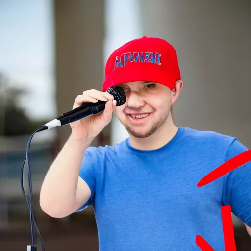 Image similar to a full body shot of an average white, short young - adult man with blue dyed hair holding a microphone, wearing a red backwards cap, white t - shirt with a red no symbol on it, blue long pants and red shoes