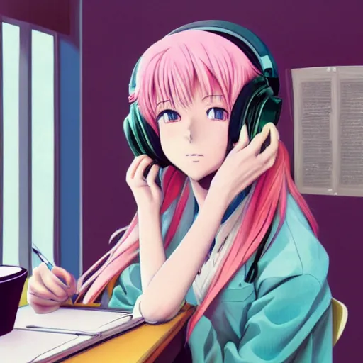 Image similar to high definition anime portrait of an anime girl with pastel colored hair sitting at a desk studying with headphones on, background is a window looking out into a busy Tokyo district, lo-fi art, masterpiece by Hirohiko Araki, trending on artstation, sharp high quality anime, digital art, photoshop, proportionate, ambient lighting, clear facial festures