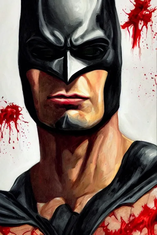 Image similar to A portrait painting of the muscular batman covered in bloody scars