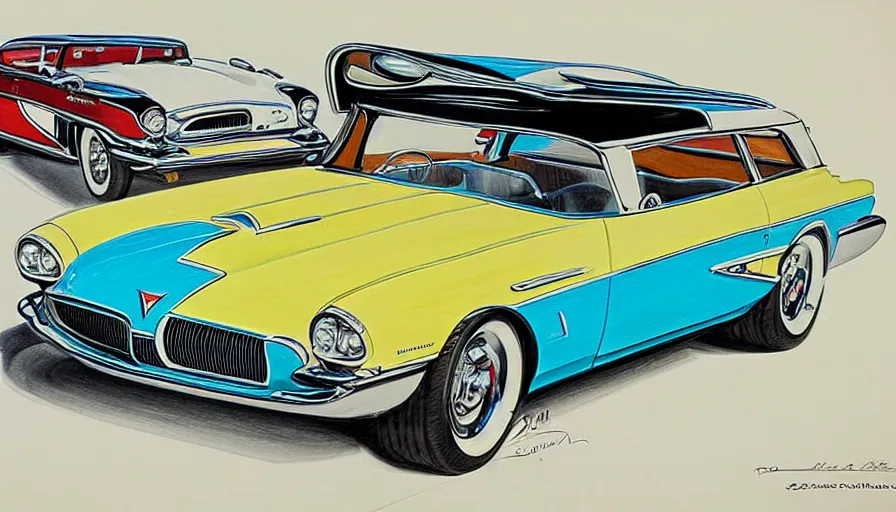 Prompt: 1955 Pontiac Firebird station wagon concept as drawn by Syd Mead, full color drawing