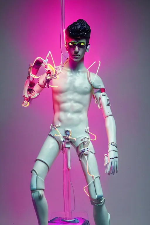 Prompt: full-body neon bladerunner porcelain baroque greek style sculpture of a young prince Zayn Malik as a high-fashion half-robot wearing retro shades with a porcelain body with an opening exposing a battery leaking radioactive liquid, electric sparks, glowing violet laser beam eyes, crown of giant rubies, flowing pink and orange neon-colored silk, luminescent fabrics, mechanical raptors. baroque and steampunk elements. full-length view. baroque element. intricate artwork by caravaggio. Very very very very highly detailed epic photo of face. Trending on artstation, octane render, cinematic lighting from the right, hyper realism, octane render, 8k, depth of field, 3D