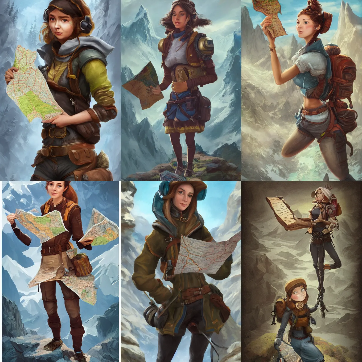 Prompt: A portrait of a female explorer holding a map, full body shot, fantasy, mountainous terrain, action shot, trending on artstation