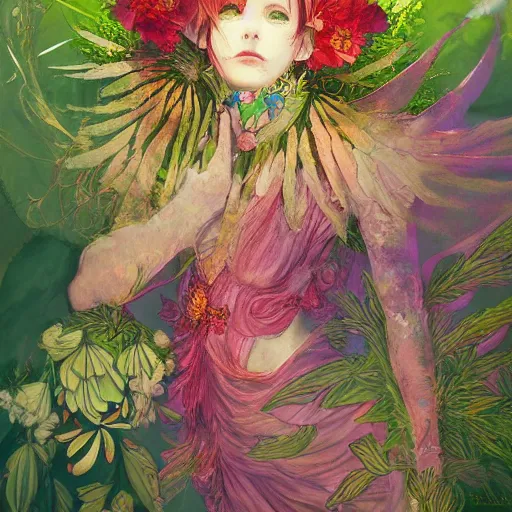 Image similar to goddess of plant medicine detailed painting by akihiko yoshida, vivid saturated colors, trending on artstation