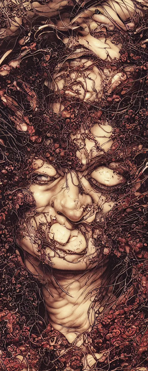 Image similar to closeup of face melting in agony, inside a frame on a tiled wall, frontal picture, by yoichi hatakenaka, masamune shirow, josan gonzales and dan mumford, ayami kojima, takato yamamoto, karol bak