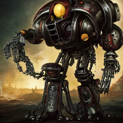 Image similar to An old robot with a skull on its head, servitor, warhammer 40k, adeptus mechanicus, realistic 4k octane beautifully detailed render, 4k post-processing, highly detailed, intricate complexity, epic composition, magical atmosphere, cinematic lighting, masterpiece, ultra hd