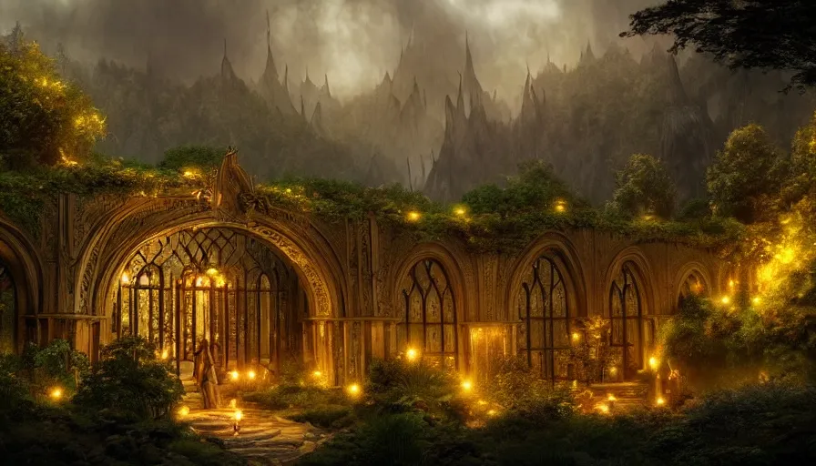 Image similar to Rivendell, the famous elven city, build by Elrond, realistic artwork, artstation, atmospheric lighting