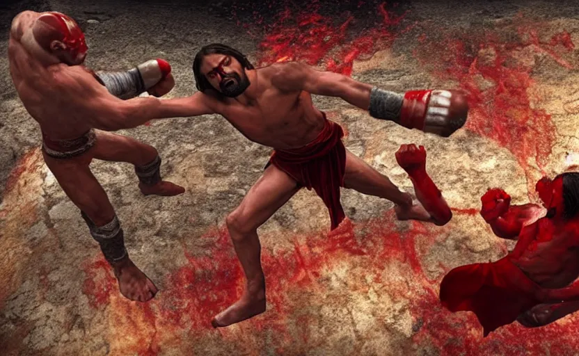 Image similar to hyperrealistic photo of Jesus Christ punching red-skinned Satan devil demon in the face on the floor of the Roman Coliseum, 8k cinematic, epic fight scene, directed by Michael Bay