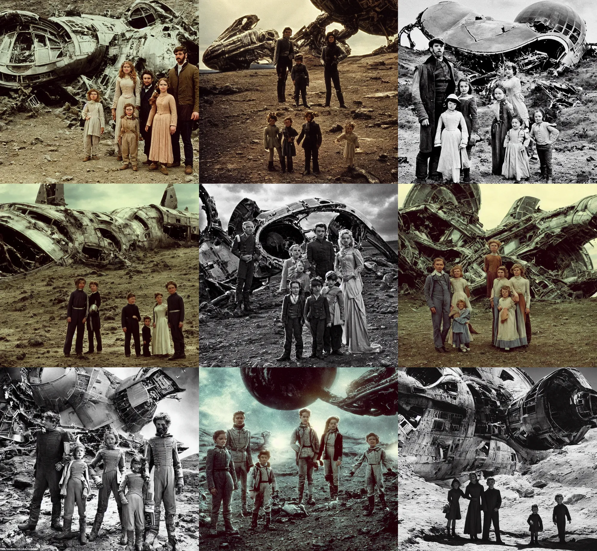 Prompt: extremely sharply detailed, 7 0 mm scan from blockbuster 9 6 k sci fi color movie freeze frame, set 1 8 6 0, family standing in front of crashed spaceship, on alien planet, looking happy, wearing 1 8 5 0 s era clothes, atmospheric lighting, in focus, reflective eyes, 9 0 mm lens, live action, nice composition and photography, clear facial details